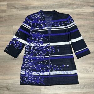 Ming Wang Large Jacket Cardigan Black Purple Striped Floral Acrylic Blend Knit